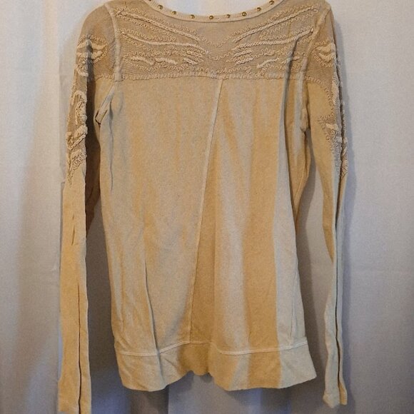 FREE PEOPLE Studded Mesh upper T-shirt Top XS Mustard Beige Scoop neck Boho LS - Picture 5 of 10